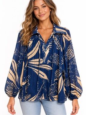 $109 🌴 CIEBON Botanical Blouse XL | Coastal Chic Navy & Tan